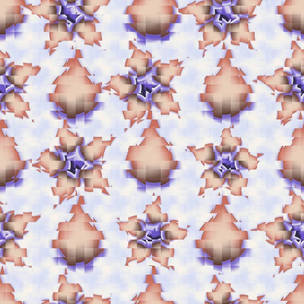 桃と青のグリッドと3D効果の花の形のシームレスなパターン — ストック写真