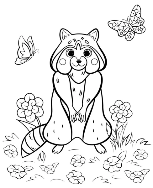 Coloring Page Outline Cute Cartoon Standing Raccoon Butterflies Vector Image — Stock Vector