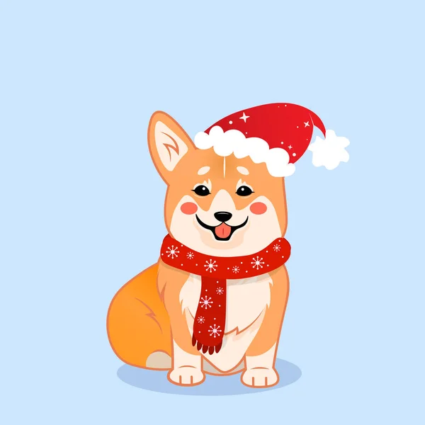 Lindo Sentado Sonriente Perro Corgi Navidad Con Sombrero Santa Bufanda — Vector de stock