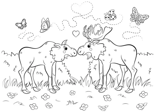 Coloring Page Outline Cute Cartoon Moose Couple Love Vector Image — Stock Vector