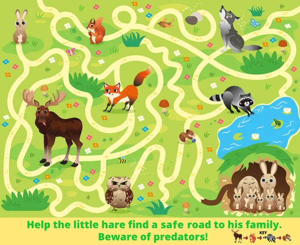 小さなウサギが彼の家族への安全な道を見つけるのを助けてください 捕食者に気をつけろ 子供のための色の迷路や迷路ゲーム パズルだ 絡まった道だ 子供のための森林動物 — ストックベクタ