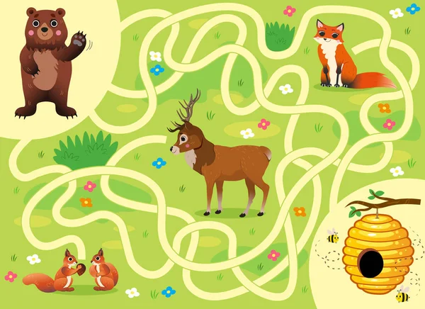 帮助熊用蜂蜜找到去蜂房的路 针对学龄前儿童的彩色卡通游戏迷宫或迷宫游戏 交通堵塞 供儿童食用的森林动物 — 图库矢量图片