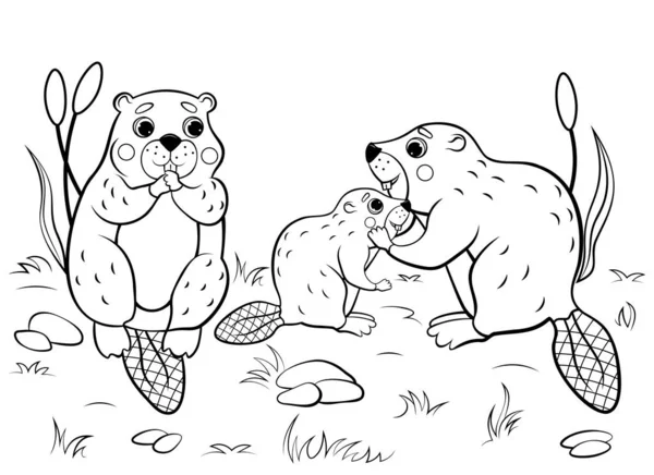 可爱的卡通海狸家庭矢量着色页面轮廓 具有自然背景的矢量图像 儿童森林野生动物着色书 — 图库矢量图片