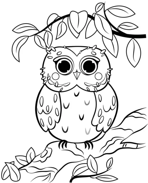 Printable Coloring Page Outline Cute Cartoon Owl Tree Branch Vector — Stock Vector