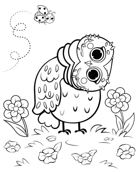 Printable Coloring Page Outline Cute Cartoon Owl Clearing Flowers Ladybug — Stock Vector