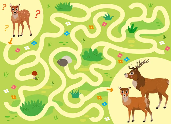 帮这只迷途的小鹿找到回家的路学龄前儿童的彩色迷宫或迷宫游戏 交通堵塞 供儿童食用的森林动物 — 图库矢量图片