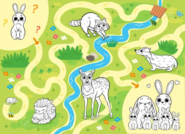 Допоможіть Маленькому Загубленому Зайцю Знайти Дорогу Своєї Сім Розфарбуй Тварин — стоковий вектор