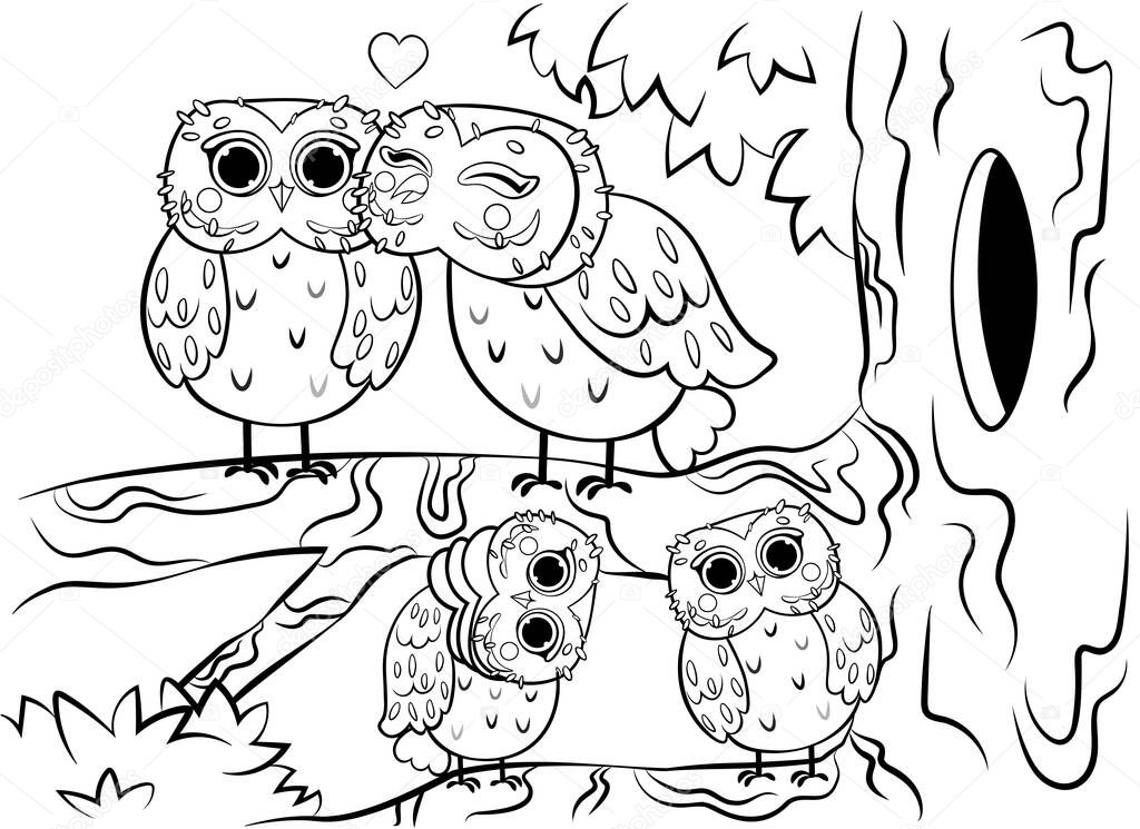 Printable coloring page outline of cute cartoon owl family sitting on tree near the hollow. Vector image. Coloring book of forest wild animals for kids