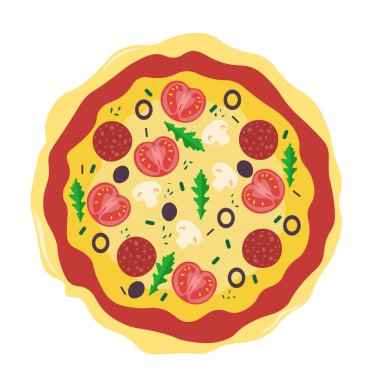 Domatesli peynirli pizza, salam, zeytin, mantar, roka ve baharat. Beyaz arkaplanda izole edilmiş vektör illüstrasyonu