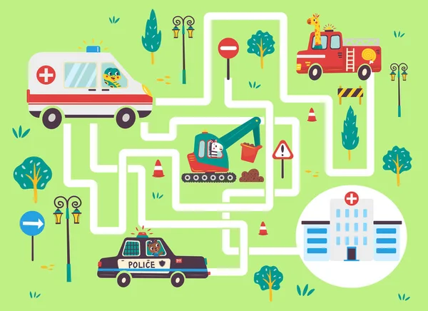 Ayude Ambulancia Encontrar Camino Correcto Hacia Hospital Laberinto Color Juego — Vector de stock
