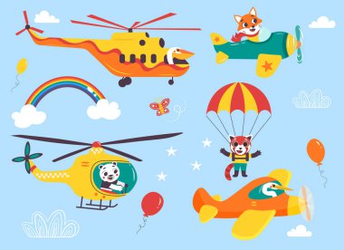 Küçük hayvanlarla dolu komik çocuklar hava taşımacılığı seti. Helikopterler, çift kanatlı uçaklar, paraşütçü çizgi film çizimleri mavi arkaplanda izole edilmiş.