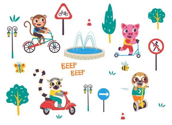 Crianças Engraçadas Transporte Definido Com Animais Sinais Estrada Bicicleta Moto — Vetor de Stock