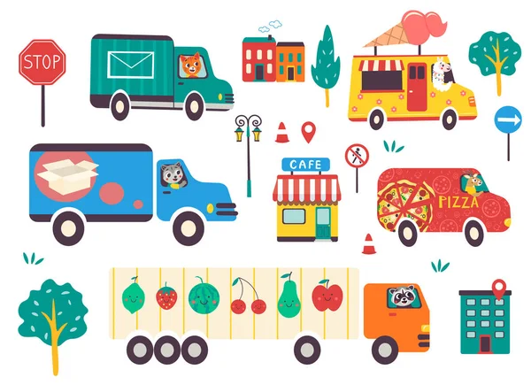 Lustige Kinder Transportieren Set Mit Tieren Und Verkehrsschildern Lieferwagen Cartoon — Stockvektor