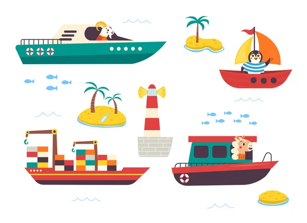 Komik Çocuklar Küçük Hayvanlarla Taşıma Seti Tekne Yat Yelkenli Sürat — Stok Vektör