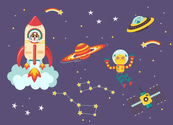 Juegos Divertidos Transporte Espacial Para Niños Nave Espacial Ovni Estación — Vector de stock