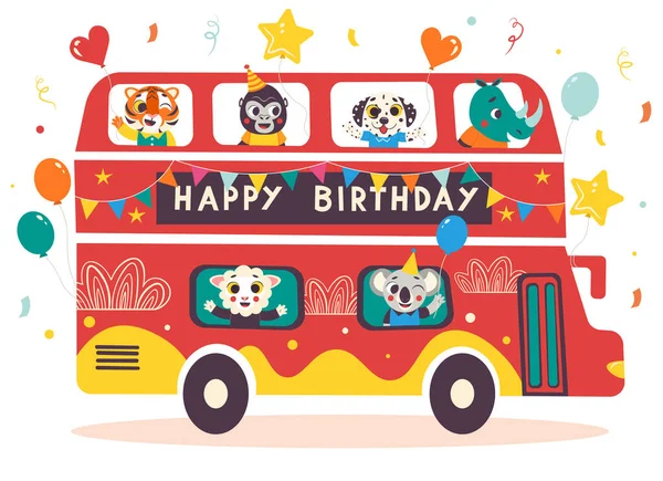Happy Birthday Red Double Decker Celebration Bus Cute Animals Cartoon — Stock Vector