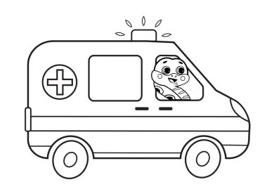 Hayvanı karikatür ambulansla boyama sayfası. Beyaz arkaplanda vektör görüntüsü. Çocuklar için boyama kitabı.