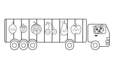 Hayvanlı meyve kamyonunun boyama sayfası. Beyaz arkaplanda vektör görüntüsü. Çocuklar için boyama kitabı.