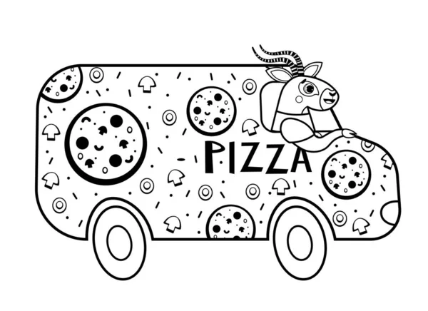 動物との漫画のピザ配達の着色ページの概要 白い背景のベクトル画像 子供のための輸送のぬり絵 — ストックベクタ