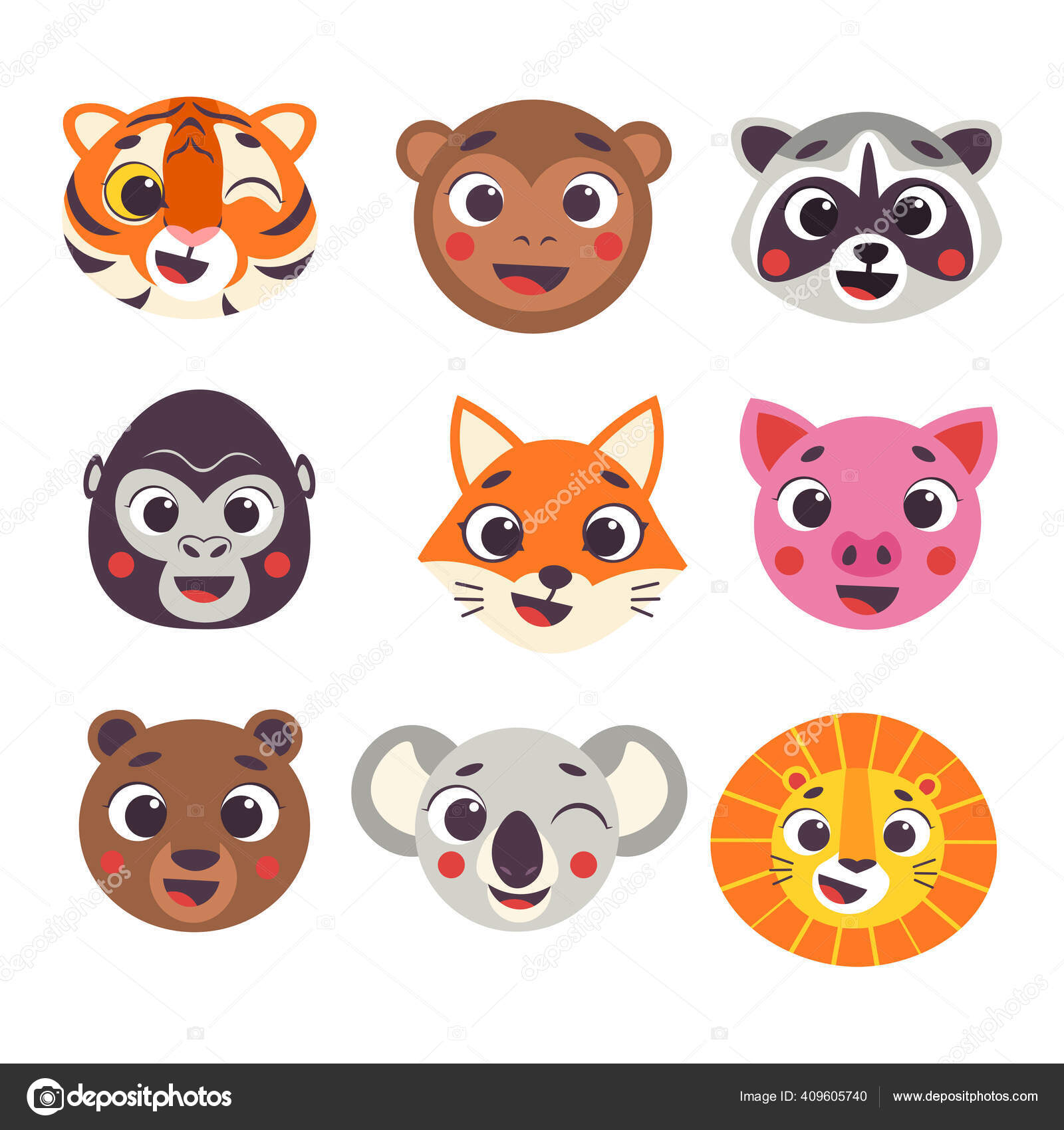 可爱的卡通动物的脸设置第一部分在白色背景上孤立的向量图解大猩猩狮子头图库矢量图©ElenaParshina 409605740, image size:1600x1700
