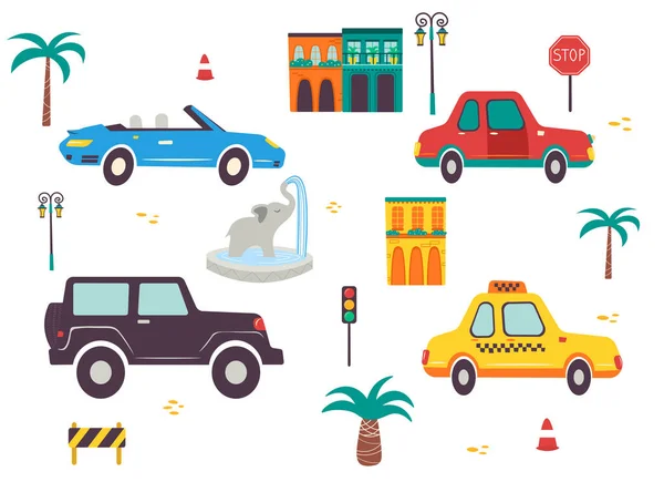 Lustige Kinder Transport Set Mit Verkehrsschildern Autos Und Fahrzeuge Cartoon — Stockvektor