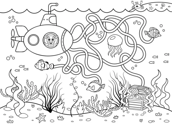 Справка Подводная Лодка Найти Правильный Путь Сокровищу Лабиринт Лабиринт Игры — стоковый вектор