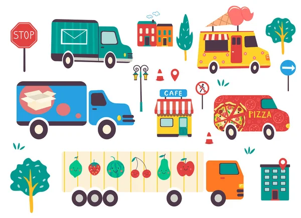 Lustige Kinder Transport Set Mit Verkehrsschildern Lieferwagen Cartoon Vektor Illustration — Stockvektor