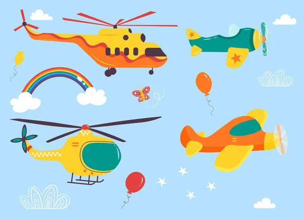 Les Enfants Drôles Ensemble Transport Aérien Hélicoptères Biplan Parachutiste Illustration — Image vectorielle