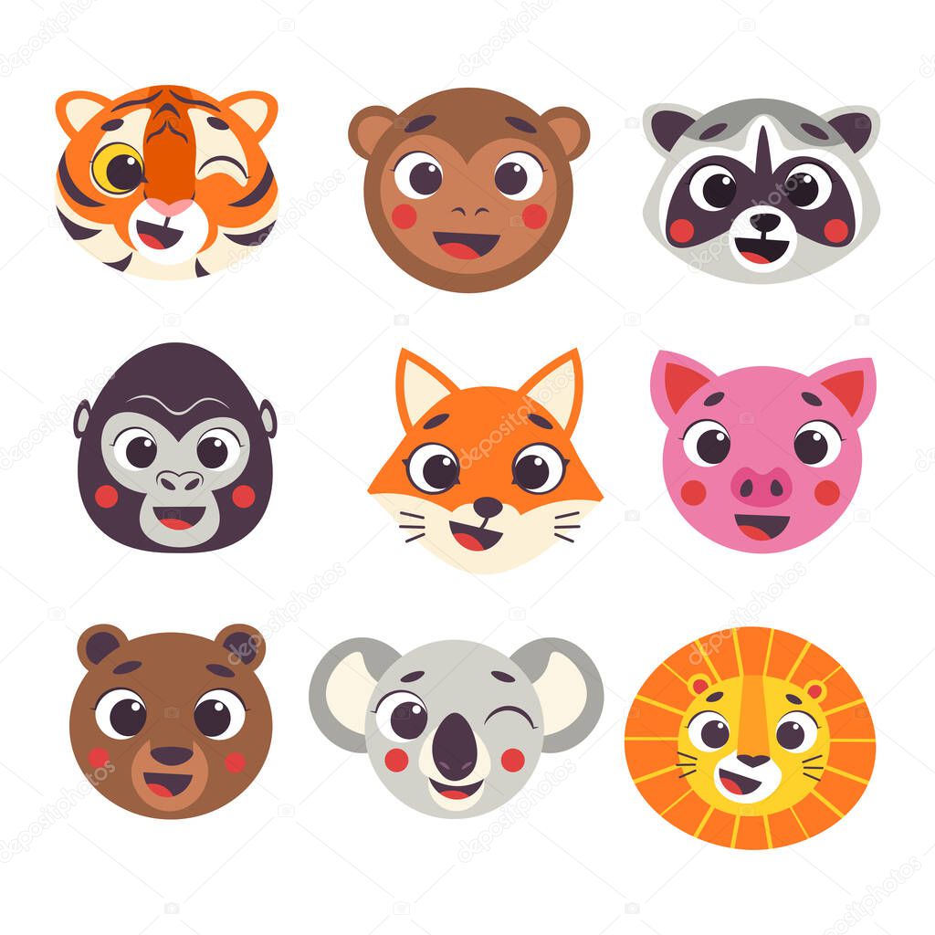 Cute cartoon animals faces set part 1. Vector illustration isolated on white background. Tiger, monkey, raccoon, gorilla, fox, pig, bear, koala, lion heads nursery decor.