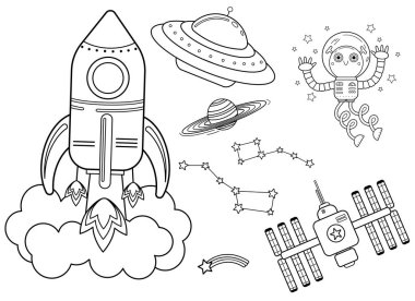 Komik renkli çocuklar uzay nakil seti. Uzay gemisi, UFO, uzay istasyonu ve uzay robotu çizgi filmi beyaz arkaplanda izole edilmiş siyah-beyaz vektör çizimi