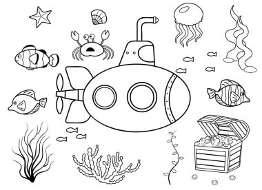 Suyun altındaki komik renkli çocuklar. Beyaz arka planda izole edilmiş siyah-beyaz denizaltı karikatürü.