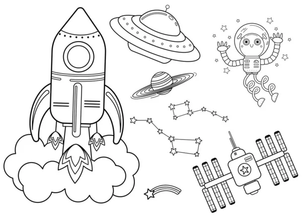 Lustige Färbung Kinder Weltraumtransport Set Raumschiff Ufo Raumstation Und Weltraumroboter — Stockvektor