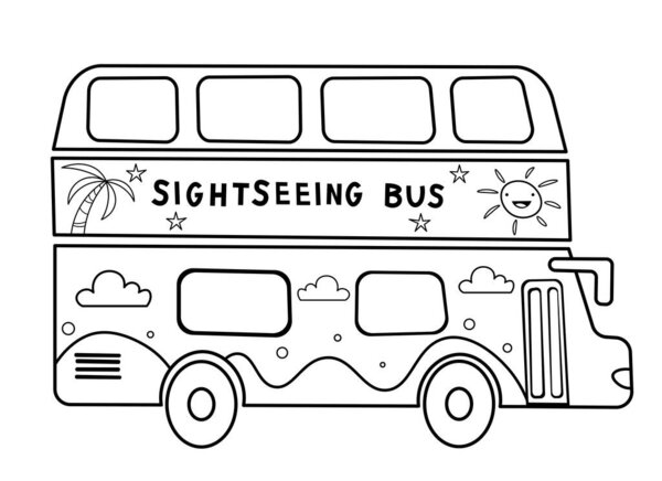 Coloring page outline of cartoon double decker sightseeing bus. Vector black and white image on white background. Coloring book of transport for kids.