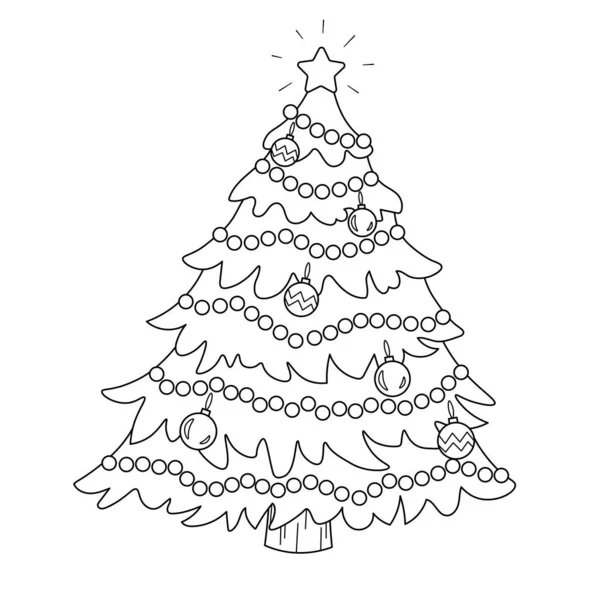 Disegno Colorare Albero Natale Decorato Illustrazione Vettoriale Bianco Nero Isolata — Vettoriale Stock