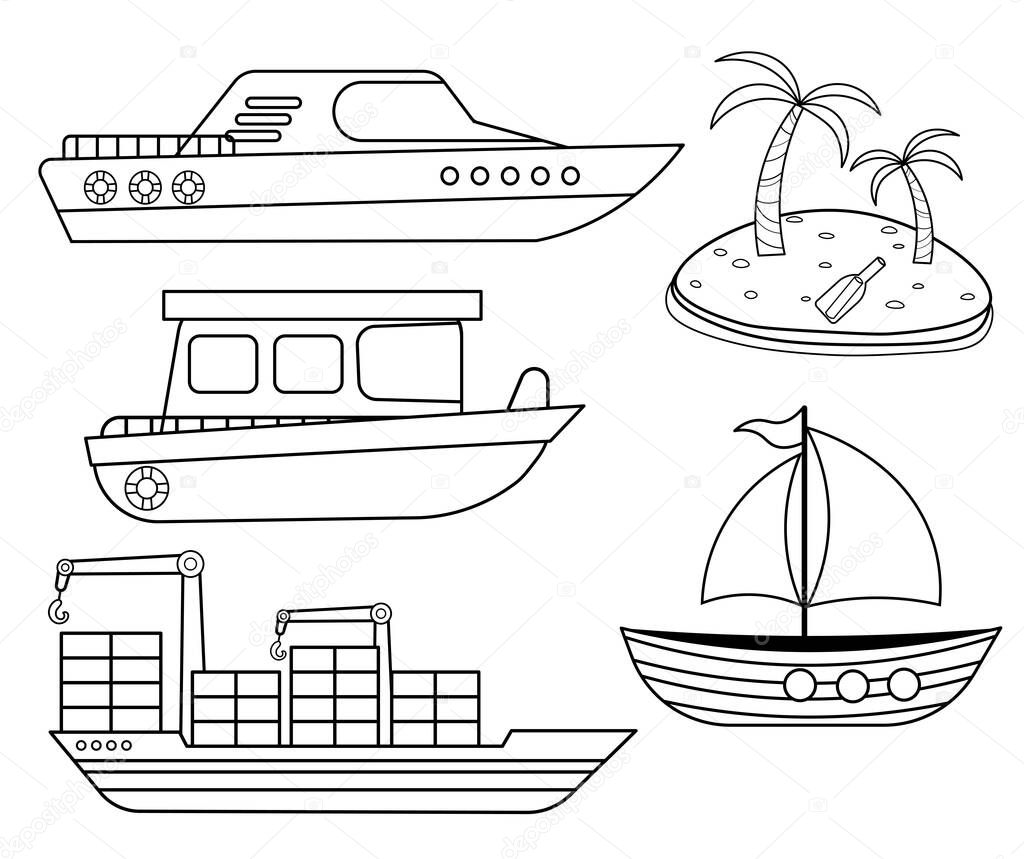 Funny coloring kids water transport set. Boat, yacht, sailboat, motorboat, container ship and desert island cartoon black and white vector illustration isolated on white background