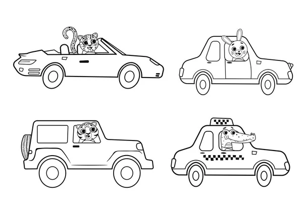 Engraçado Colorir Crianças Transporte Conjunto Com Animais Carros Veículos Cartoon — Vetor de Stock