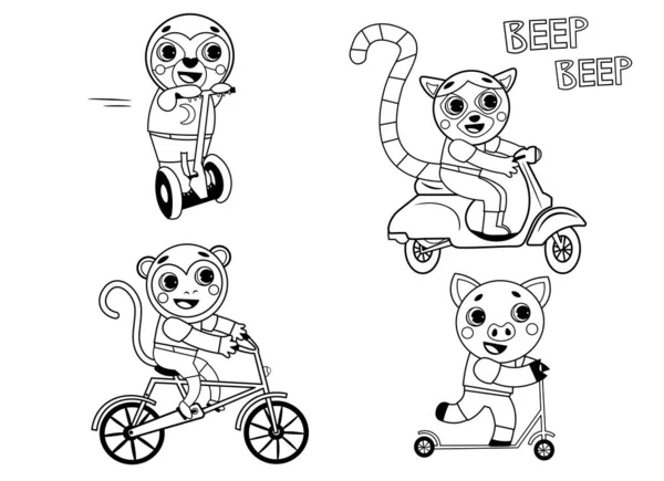 Engraçado Colorir Crianças Transporte Conjunto Com Animais Bicicleta Motocicleta Trotinette — Vetor de Stock