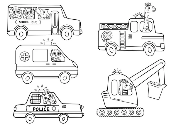 Coloriage Drôle Enfants Transport Ensemble Avec Des Animaux Autobus Scolaire — Image vectorielle