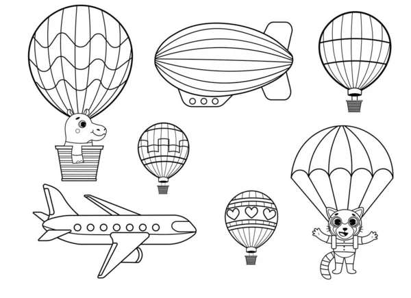 Lustige Färbung Kinder Lufttransport Set Mit Kleinen Tieren Heißluftballon Luftschiff — Stockvektor