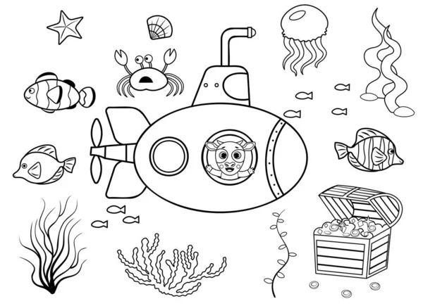 Забавно Раскрашивать Детей Водой Черно Белая Векторная Иллюстрация Подводной Лодки — стоковый вектор