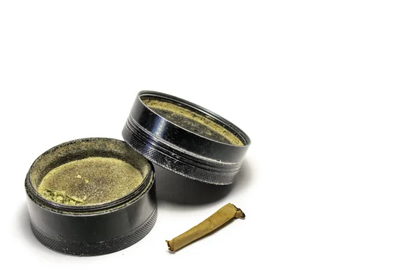 Used Black Grinder Smoked Marijuana Cigar Next Pure White Background — Stock Photo, Image