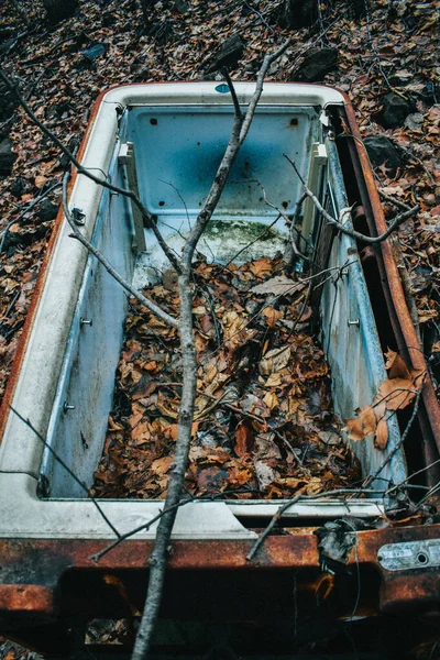 森の中で忘れられない扉のない錆びたヴィンテージ冷蔵庫 — ストック写真