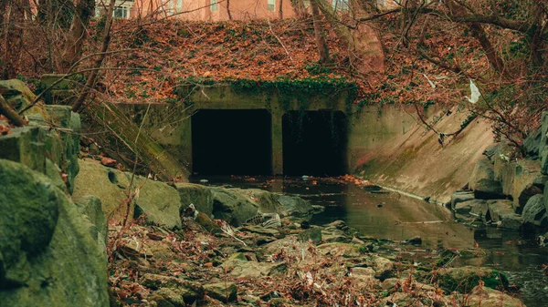 Ένα Σκοτεινό Και Τρομακτικό Tunnel Ένα Shallow Creek Ένα Φθινόπωρο — Φωτογραφία Αρχείου
