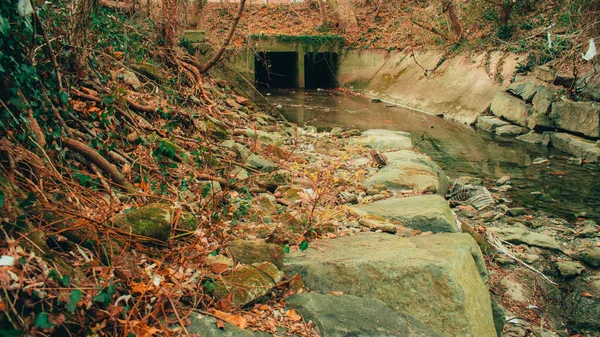 Ένα Σκοτεινό Και Τρομακτικό Tunnel Ένα Shallow Creek Ένα Φθινόπωρο — Φωτογραφία Αρχείου