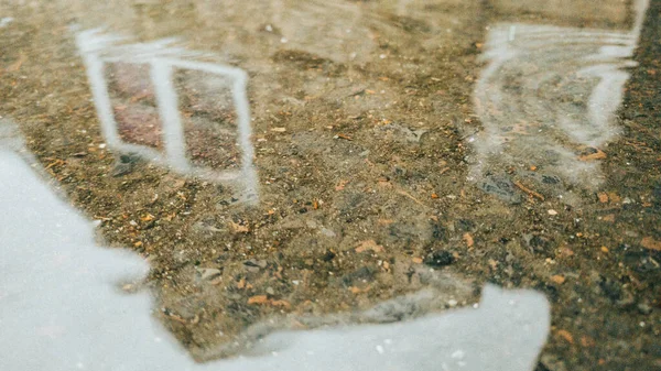 Cobblestone Building Reflecting Puddle Rainy Day — стоковое фото