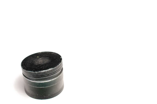 Used Black Cannabis Grinder Lid Top Slightly Ajar — Stock Photo, Image