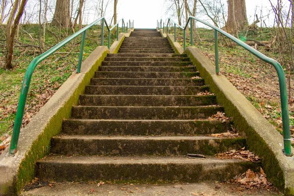 Looking Up Concrete Steps With a Gree Railing Covered in Foliage in a Suburban Park in Pennsylvania