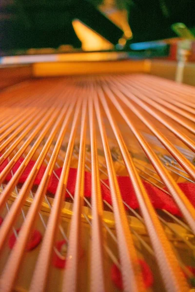 Low Angle Shot Large Brass Strings Grand Piano — Stock Photo, Image