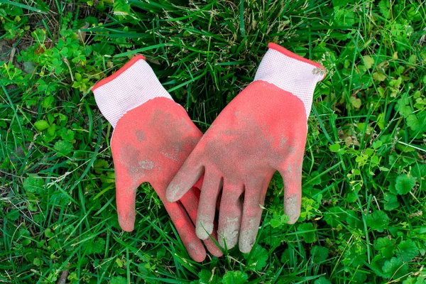 Used Red Garden Gloves Laying in a Patch of Green Grass That Fills the Frame