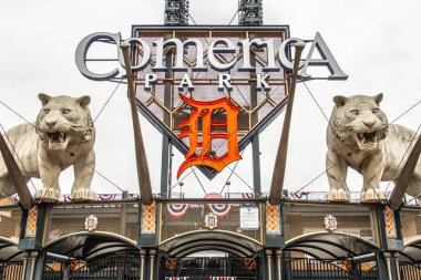 Detroit, Michigan, ABD - 28 Mart 2018: Dış of Comerica Park ev sahipliği Detroit Tigers. Basketbol sahası üzerinde 41.000 kapasitesi ve 2000 yılında Tiger Stadyumu yerine